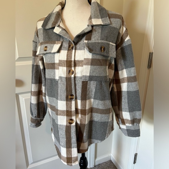 Grey brown and white button down shacket - Picture 1 of 4